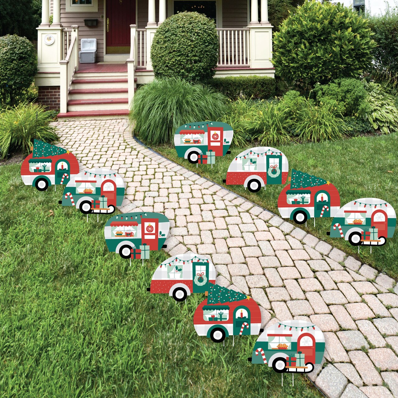 Big Dot of Happiness Camper Christmas - Lawn Decorations - Outdoor Red and Green Holiday Party Yard Decorations - 10 Piece